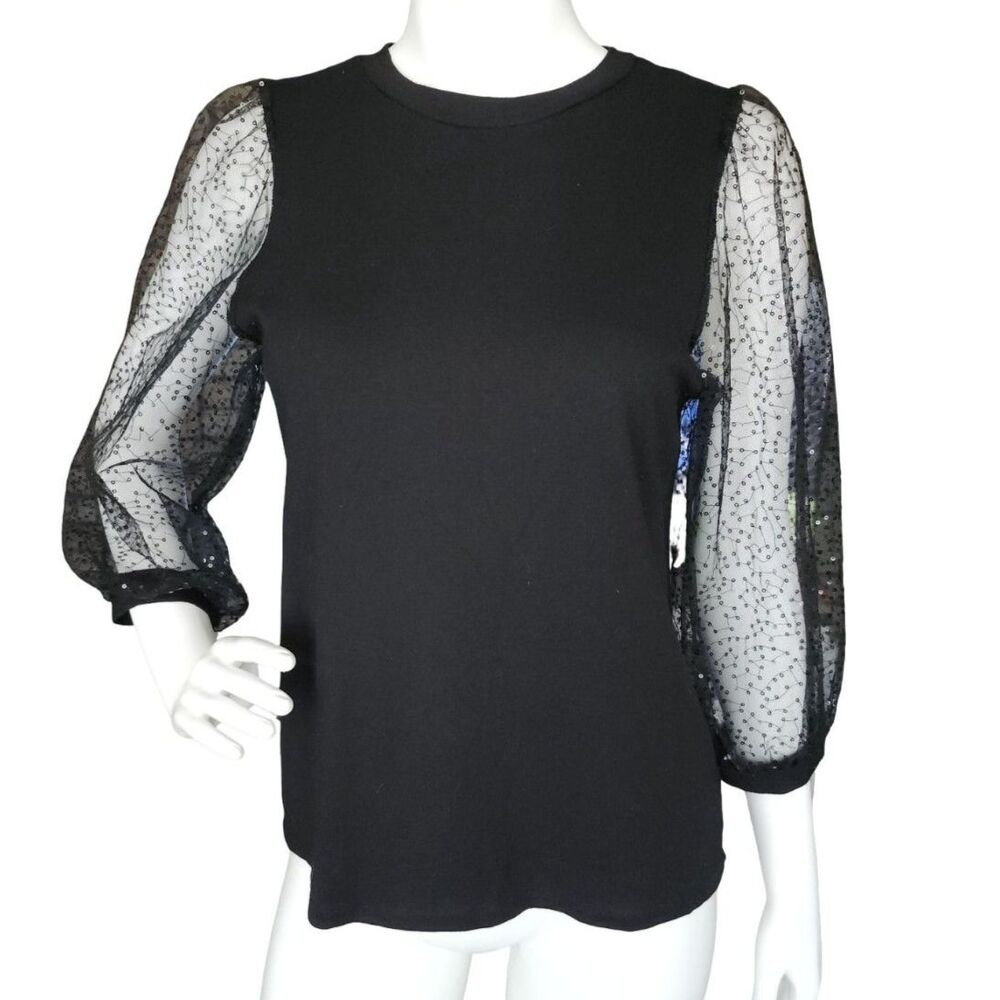 Anne Klein Black Knit Top Mesh Constellation Sequin Sleeves